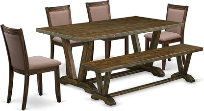 East West Furniture V777MZ748-6 6 Piece Dinette Set Contains a Rectangle Dining Room Table with V-Legs and 4 Coffee Linen Fabric Parson Chairs with a Bench, 40x72 Inch, Multi-Color