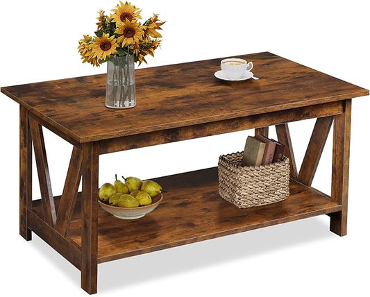 WLIVE Coffee Table with Storage Shelf, 39.4" Farmhouse Coffee Table with V-Frame Support, 2-Tier Wood Rustic Center Table for Living Room, Bedroom & Balcony, Rustic Brown