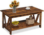 WLIVE Coffee Table with Storage Shelf, 39.4" Farmhouse Coffee Table with V-Frame Support, 2-Tier Wood Rustic Center Table for Living Room, Bedroom & Balcony, Rustic Brown