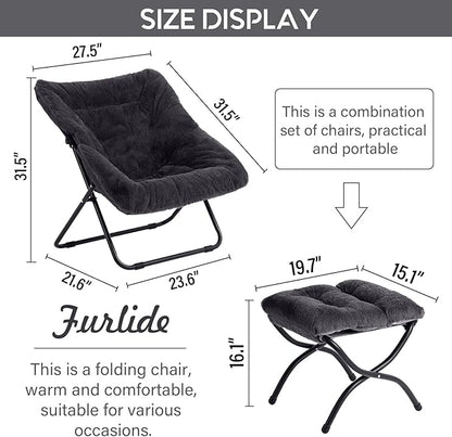 Oversized Folding Faux Fur Chair with Ottoman, X-Large Soft Saucer Chair, Foldable Metal Frame for Bedroom, Living Room, Balcony (Black)