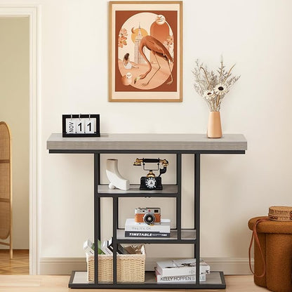 HABUTWAY 42" Industrial Console Table, Narrow 4-Tier Wood Entryway Table for Living Room, Accent Tables Living Room, Hallway Table, Sofa Table for Front Door, Hallway, Foyer, Rustic Grey