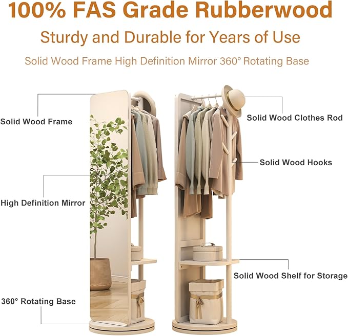 70"x16"Full Length Mirror with Stand,Coat Rack with Mirror,Solid Wood Floor Mirror,Swivel Mirrorfor Bedroom, Living Room, Cloakroom