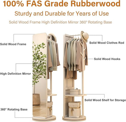 70"x16"Full Length Mirror with Stand,Coat Rack with Mirror,Solid Wood Floor Mirror,Swivel Mirrorfor Bedroom, Living Room, Cloakroom