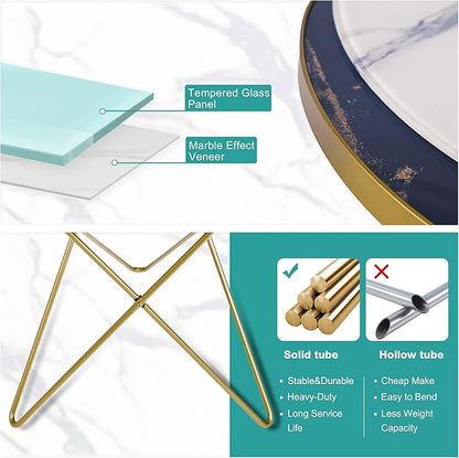 HLR Modern Round Side Table Set of 2, End Table with Marble Effect Top and Gold Metal Frame, Small Side Table for Living Room, Bedroom, Sofa and Couch, Gold Legs, Green Marble top