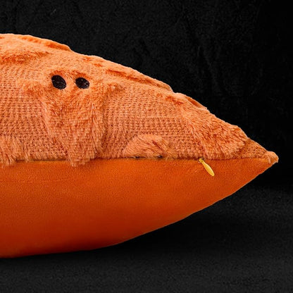 4TH Emotion Halloween Ghost Decorative Pillow Covers 16x16 Set of 2, Orange Soft Plush Faux Fur Farmhouse Throw Cushion Cases for Fall Autumn Holiday Home Decorations