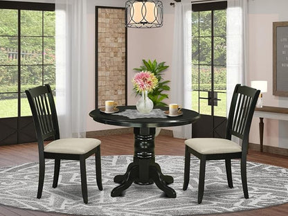 East West Furniture SHDA3-BLK-C 3 Piece Dining Table Set for Small Spaces Contains a Round Kitchen Table with Pedestal and 2 Linen Fabric Kitchen Dining Chairs, 42x42 Inch, Black