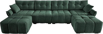 Modern Chenille Fabric 4-Seat Sofa w/Two Ottoman+2 Pillows, Premium Upholstery Living Room Couch with Tufted Backrest & Comfortable Armrests and High-Resilience Memory Foam Cushions,Green