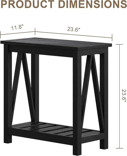 ChooChoo Farmhouse End Table Set of 2, Rustic Vintage Narrow End Side Table with Storage Shelf for Small Spaces, Nightstand Sofa Table for Living Room, Bedroom Black