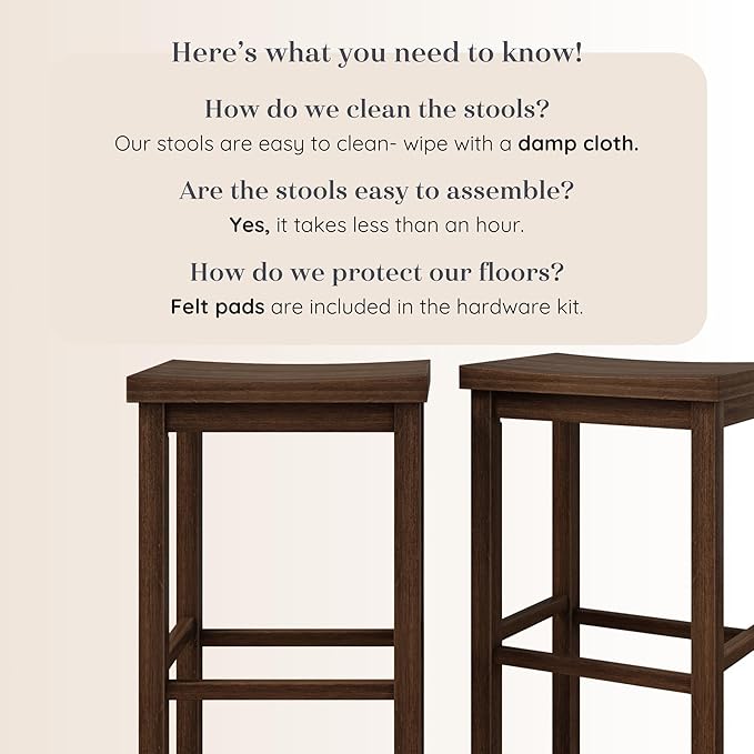 Grain & Grove Smith Collection Set of 2 Solid Wood Bar Stools, 30 inch Saddle-Seat Bar Chairs, Backless, Heavy-Duty Construction, Footrest Support, for Kitchen Islands, Home Bars, and Counters, Walnut