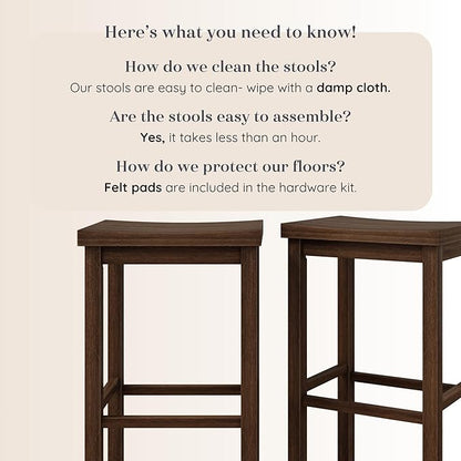 Grain & Grove Smith Collection Set of 2 Solid Wood Bar Stools, 30 inch Saddle-Seat Bar Chairs, Backless, Heavy-Duty Construction, Footrest Support, for Kitchen Islands, Home Bars, and Counters, Walnut