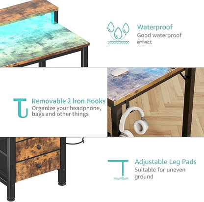 Lufeiya Reversible Gaming Desk with LED Lights and Power Outlets, 47 inch Home Office Desk with Monitor Stand, Computer Desk with Fabric Drawers, Rustic Brown