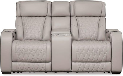 Signature Design by Ashley Boyington Contemporary Leather Match Power Reclining Loveseat with Console and USB Charging Ports, LED Lights and Adjustable Headrest, Light Gray