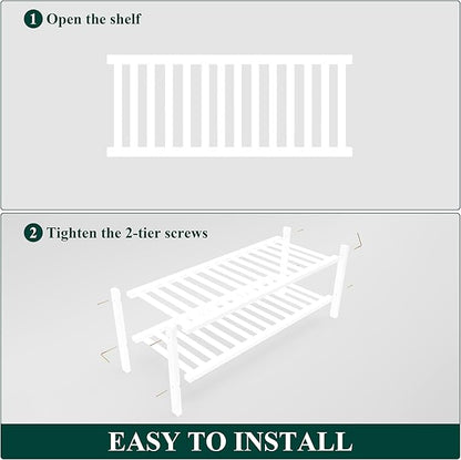Smiry Shoe Rack, 2 Tier Thick Bamboo Shoe Organizer, Stackable Free Standing Wooden Shoe Storage Shelf for Closet, Entryway, Front Door Entrance, White