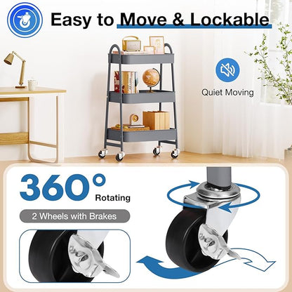 OLIXIS 3 Tier Utility Rolling Cart, Metal Mobile Storage Shelf with Lockable Caster Wheels, Organization for Livingroom, Bathroom, Kitchen, & Narrow Places, Gray