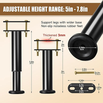 Adjustable Bed Frame Center Support Legs, Heavy Duty Cold Rolled Steel Bed Slat Support Legs with Wider Base, Bed Frame Leg Replacement, Furniture Support Reinforcement Kit (Height 5in to 7.8in) 2PCS
