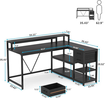 Tribesigns L Shaped Desk with Drawer and Monitor Stand, BlackCorner Desk Home Office Table with Storage Shelves, Black PC Desk for Small Space