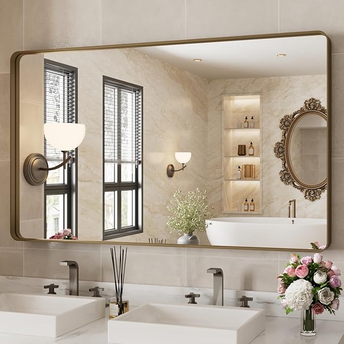 WEER 50x30 Inch Bronze Bathroom for Wall, Farmhouse Oil Rubbed Bronze Mirror, Rectangle Bronze Vanity Mirror with Aluminum Alloy Brushed Metal Frame, Tempered Glass, Anti-Rust (Horizontal/Vertical)