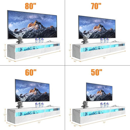Floating TV Stand with Led Lights, 71 inch Wall Mounted TV Shelf with Power Outlet, Modern Entertainment Center Media Console with Storage Cabinet, Up to 80 Inch TVS, White Slate
