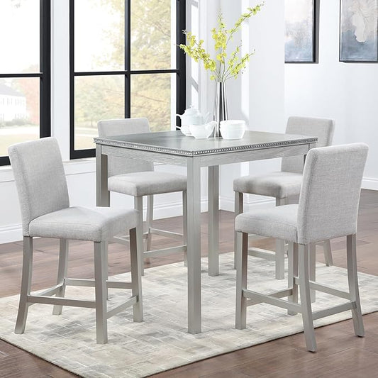 KEIKI 5-Piece Counter Height Dining Table Set with Square Table and 4 Upholstered Chair, for 4 Person, Classic Crystal Decoration Wooden Table Set, Easy Assembly, for Kitchen, Dining Room, Silver Grey