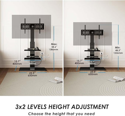 FITUEYES Floor TV Stand for 32-75 inch TV with Power Outlet, Tall TV Mount for Bedroom Living Room with Tempered Glass Base, TV Stand with Mount Holds Up to 88lbs MAX VESA 600x400mm,Black