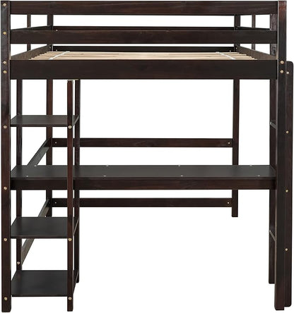 HomSof Full Loft Bed with Desk and Shelves,Espresso