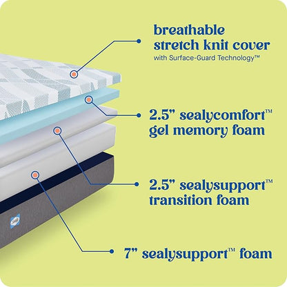 Sealy Dreamlife 12" Foam Mattress-in-a-Box, Twin XL, SealyComfort Gel Memory Foam, SealySupport Transition Foam, Surface-Guard Technology