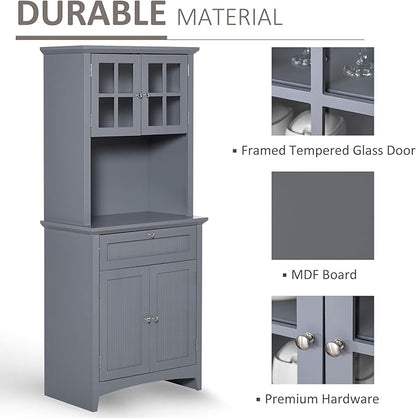 HOMCOM Elegant Buffet with Hutch, Kitchen Pantry Storage Cabinet with Framed Glass Door Drawer and Microwave Space, Grey
