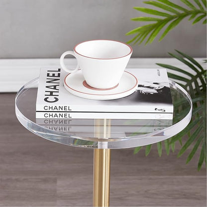LIKENOW Furniture Acrylic Side Table,Clear Small Round End Table for Living Room,Bedroom,Office | Modern Nightstand with Marble Base,Gold Post,Clear Top for Drink,Food,Snack,Assembly(Black)