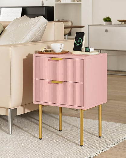 Nightstand,Morden Bedside Table with Gold Frame,Small White Night Stand,End Table,Bedside Furniture,Side Table with Drawer and Shelf for Bedroom,Living Room (2Drawers, Pink)