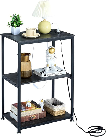VECELO Tall End Table with Charging Station, Side Table with USB Ports and Outlets, 30" Height Nightstand with 3-Tier Storage Shelf for Living Room Bedroom Office Hallway Study