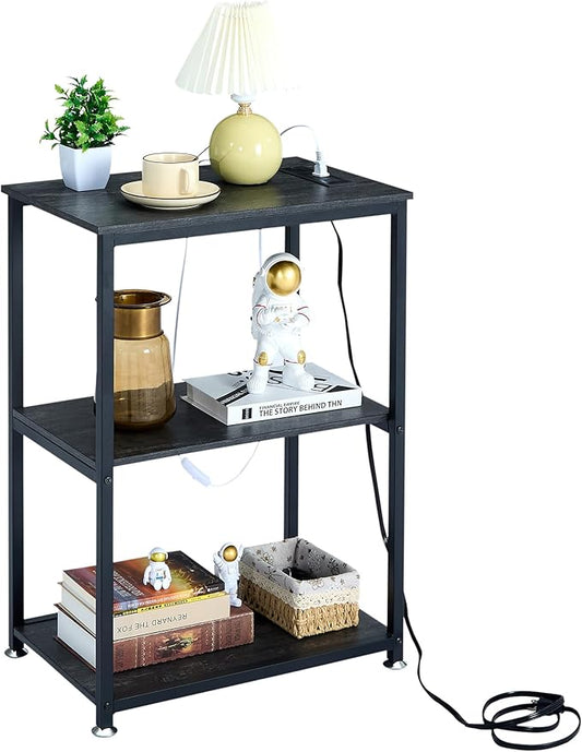 VECELO Tall End Table with Charging Station, Side Table with USB Ports and Outlets, 30" Height Nightstand with 3-Tier Storage Shelf for Living Room Bedroom Office Hallway Study