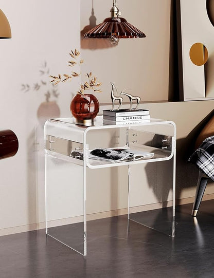 Clear Acrylic End Table 2-Tier Bedside nightstand for Living Room Bedroom Home Decor (Clear)