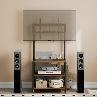 HOOBRO Rolling TV Stand with Mount and Power Outlet Up to 55 inch TV, Corner Entertainment Center, Small TV Stand with 3-Tier Storage Shelves for Living Room, Bedroom, Black and Walnut BH66UDS01