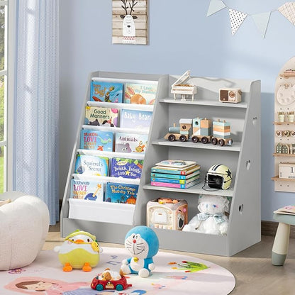 Lerliuo 4 Tier Kids Bookshelf and Storage Organizer, Five Layer Sling Children Bookcase, Baby Toddler Wooden Book Shelf, Display Cabinet for Playroom, Bedroom, Classroom, Nursery, School (Grey)