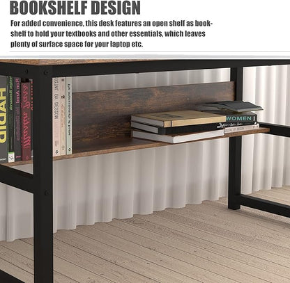 TOPSKY Computer Desk with Bookshelf/Metal Hole Cable Cover 1.18" Thick Desk (55", Rustic Brown)