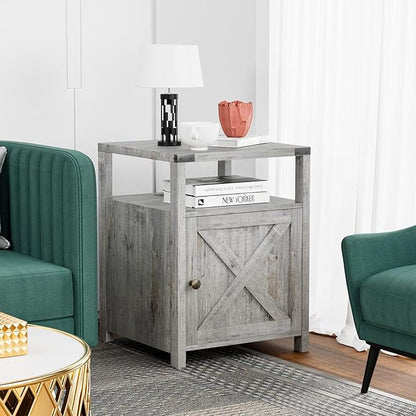 Farmhouse Nightstand with Charging Station, Grayish White End Table Bedroom with Storage Living Room Side Table Beige Night Stand Industrial Bedside Bed Table with USB Ports and Outlets