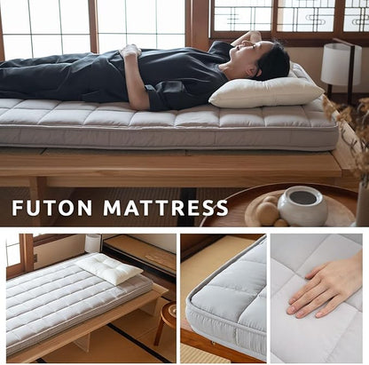 EMOOR Japanese Padded Futon Mattress Machi Small-Twin Gray, Gusset Foldable Storable Elastic Bands Floor Sleeping Guest Bed Tatami Mat