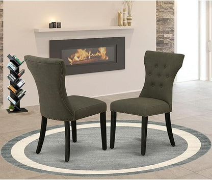 East West Furniture GAP6T50 Gallatin Parson Chairs - Button Tufted Nailhead Trim Dark Gotham Linen Fabric Upholstered Dining Chairs, Set of 2, Wirebrushed Black