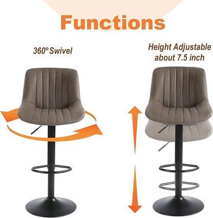Bar Stools Set of 3, Swivel Counter Height Barstools with Back, Adjustable PU Leather Bar Chairs, Modern Armless Kitchen Island Stool, Brown