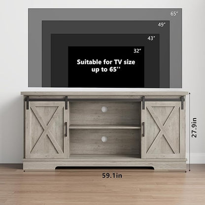IDEALHOUSE Farmhouse Tv Stand for 65 Inches TVs, Entertainment Center with Storage and Sliding Barn Doors, Adjustable Shelf Modern Media TV Console TV Stand Table for Living Room, Bedroom, Grey