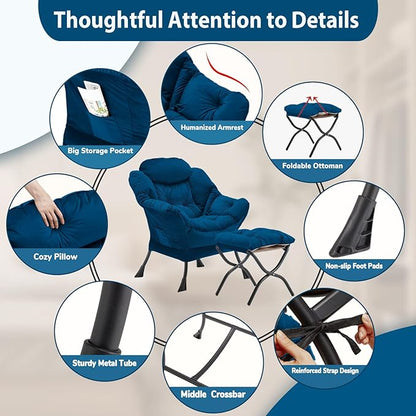 Lazy Chair with Folding Ottoman, Accent Chair Velvet Upholstered with Metal Structure and Non-Slip Pads, Sofa Armchair with Footrest and Side Storage Bag for Dorm, Room, Office, Blue
