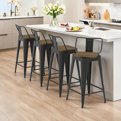 30 Inch Swivel Bar Stools Set of 4, Counter Height Bar Stools with Low Back, Metal Industrial Bar Chairs for Kitchen Island (Matte Black)
