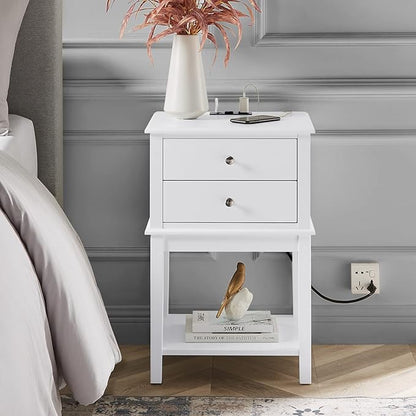 conifferism White Nightstand with Charging Station 28 inches Tall for Bedroom, Sofa Side Table with 2 Drawers,Large End Table with USB Ports,Modern Bedside Table for Home Living Room