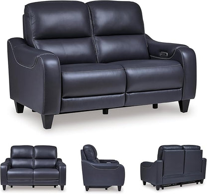 Signature Design by Ashley Mercomatic Contemporary Leather Match Wall Hugger Power Reclining Loveseat with Adjustable Headrest and USB Ports, Blue