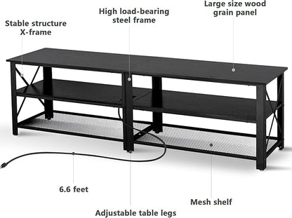 Clikuutory Modern Black 71 inch Metal TV Stand with LED Lights and Power Outlets for 50 60 65 70 75 80 Inch TVs, 3 Tier Television Stands with Entertainment Center and Storage for Living Room, Bedroom