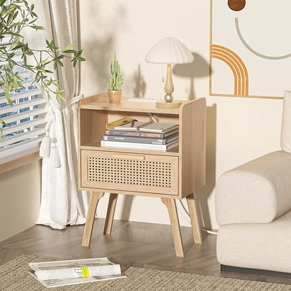 Lerliuo Rattan Nightstands Set of 2 with Charging Station, Boho Night Stand with Handmade Natural Rattan Drawer and Open Shelf, Side End Tables with Solid Wood Legs for Bedroom, Dorm, Small Spaces
