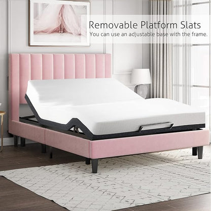 SHA CERLIN King Bed Frame/Velvet Upholstered Platform Bed Frame with Headboard/Strong Wood Slats Support/Mattress Foundation/No Box Spring Needed - Pink