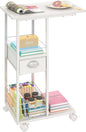 Rolling Side Table with Storage, White Bedside Table with Wheels, Accent C Table for Sofa, Portable Desk on Wheels, Modern Night Stand, Overbed Table for Bedroom, C Shaped End Tables Living Room, Dorm