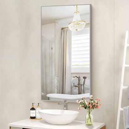48x24In Silver Bathroom Mirror for Wall, Brushed Nickel Rectangle Mirrors with Metal Frame, Bathroom Rectangular Mirror Modern Wall Mirror for Bedroom Living Room, Hangs Horizontal or Vertical