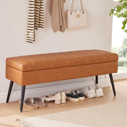 CUYOCA Storage Ottoman Bench, 43.5" Faux Leather Upholstered Entryway Bench, Long Ottoman with Storage for Living Room, Support 660lbs - Cognac Brown